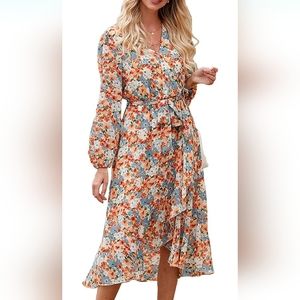 Pretty Garden Women's Floral Print Boho Dress, Long Sleeve,XL, Orange/Blue.